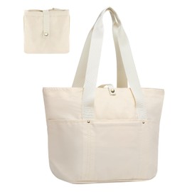 SUIKIHUM Tote Bag for Women, Work Bag Handbag Polyester Foldable Waterproof with Zipper, Large Capacity for Gym Travel Beach Essentials, White