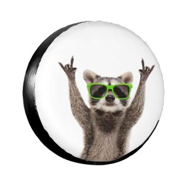 Funny Raccoon in Green Sunglasses Spare Tire Cover Cute Animal Tire Wheel Covers Waterproof Weatherproof Wheel Tire Protector Tyre Covers Universal for Trailer RV SUV Vehicle Motorhome Travel 14 Inch