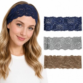 3 Pcs Vintage Floral Lace Headbands for Women, Stretch Scalloped Wide Hair Bands, Soft Elastic Hair Wraps in Navy Blue, Gray, Brown, Stylish Hair Accessories for Daily Wear, Makeup, Yoga, Party