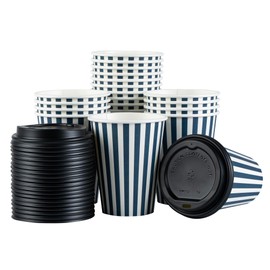 Restaurantware 12 Ounce Disposable Coffee Cups With Lids, 20 Hot Cups With Lids - Sleeves Sold Separately, Single Wall, Blue And White Stripe Paper Coffee Cups, For All Kinds Of Beverages