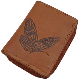 myledershop Small Cowhide Leather Wallet with Butterfly Motif and RFID & NFC Protection, Cognac, standard size, Modern
