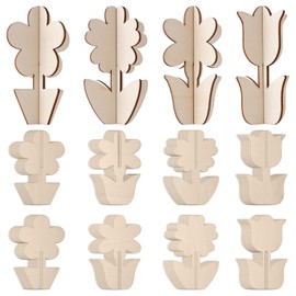 Gosknor Pack of 24 DIY 3D Wooden Flowers for Painting, Untreated Wooden Discs for Spring Crafts, Paintable Flower Cutouts for Children and Adults, Easter Decorations, Mothers