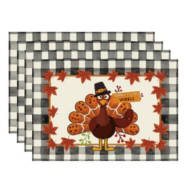 BOTB LIHM Thanksgiving Maple Leaf Turkey Buffalo Plaid Fall Cloth Placemats Set of 4 Table Mats Table Decorations 12x18 Inch