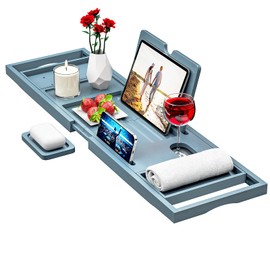 Premium Bamboo Bathtub Caddy Tray - Bath Tray - Bath Tub Tray Table for Bathtub - Bath Caddy Tray for Bathtub, Expandable Size, Fits Most Bath Tubs - Grey