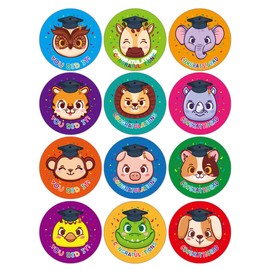 D4DREAM 36pcs Graduation Stickers for Kids Colorful Congrats Grad Party Favor Labels with Cute Animals Perfect for Kindergarten and Preschool Graduation Party Decoration 12 Unique Designs 1.5 Inch