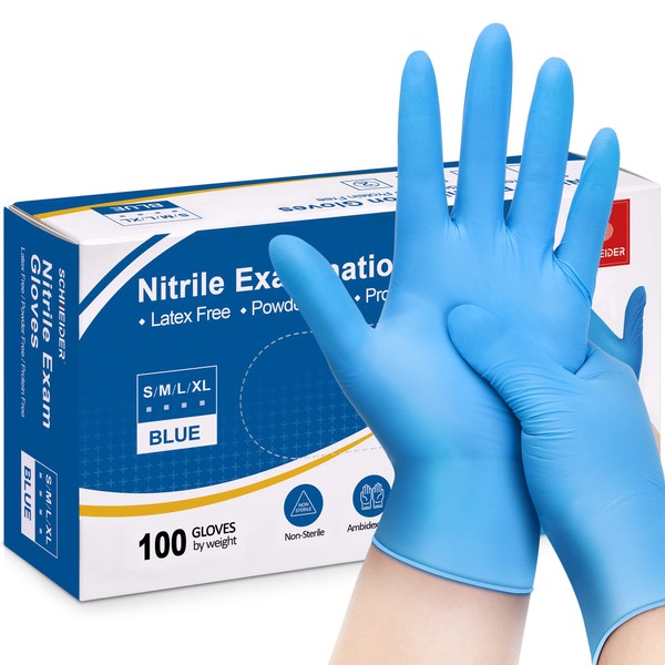 Schneider Nitrile Exam Gloves, 4mil, Blue, Medium 100-ct Box, Gloves Disposable Latex-Free, Medical Gloves, Cleaning Gloves, Food Safe Rubber Gloves for Cooking & Food Prep, Powder-Free, Non-Sterile