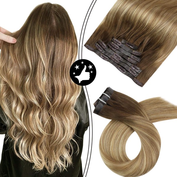 Moresoo Seamless Hair Extensions Clip in Human Hair Balayage Hair Extensions PU Weft Clip in Hair Extensions 20inch Real Human Hair Clip in Extensions 7Pieces/120Grams