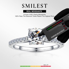 SMILEST 1.5ct Cushion Moissanite Rings for Women, D Color VVS1 Clarity Lab Created Engagement Ring 18K White Gold Plated S925 Sterling Silver Moissanite Solitaire Ring Promise Rings for Her
