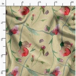 Soimoi Beige Cotton Voile Fabric Leaves & Floral Watercolor Print Fabric by The Yard 42 Inch Wide