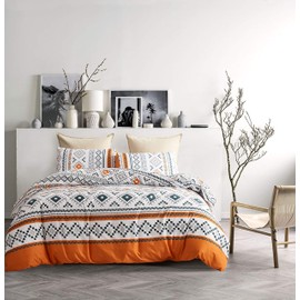 YFISAN Bohemian Duvet Cover Set Queen Orange Boho Comforter Cover Set Full 90"x90" Lightweight Soft Geometric Quilt Set 3 Pieces Breathable Bedding Set (No Comforter Included，Style 4, Queen)