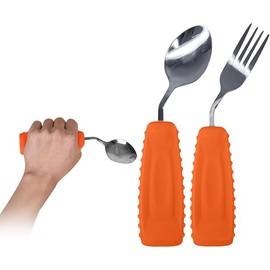 Ehucon Adaptive Utensils Angled Spoon and Fork for Hand Tremors Parkinsons,Weighted Utensils with Non-Slip Easy Grip Handles for Independent Eating (1pcs Spoon+1pcs Fork=2 pcs,Orange,Left Hand)