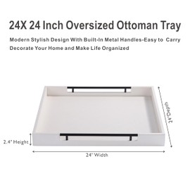 Sagala White Faux Leather Extra Large Decorative Tray for Coffee Table 24x24Inch, Oversized Square Ottoman Tray for Living Room Home Decor (Beige-Black Handle, 24x24Inch)