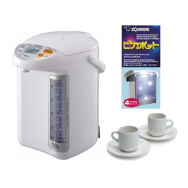 Zojirushi CD-LFC50 Micom Water Boiler and Warmer with Panorama Window, 169oz (White) Bundle with Inner Container Cleaner for Electric Pots (4-Packet) and Ceramic Cup and Saucer Set (3 Items)