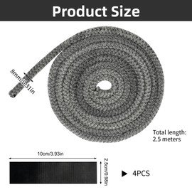 Stove Rope Fire Rope 8mm x 2.5M Stove Glass Seal kit with 4 Ends Tie Tape for Fireplace Fireproof Oven Flues Glass Door Seals Wood Burning Replacement