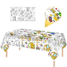 Paper Tablecloth for Colouring, 137 x 274 cm Colouring Tablecloth for Children's Activity, Rectangle Waterproof Puzzle Tablecloth, Engineering Vehicle Theme Party Decorations for Children's Birthday