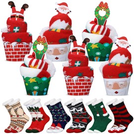 Chuarry 6 Pairs Christmas Socks with 6 Pcs Gift Boxes Winter Warm Fuzzy Fluffy Socks Soft Cozy Colorful Non Slip Slipper Socks Gift Box Set for Women Men Home Indoor Xmas Holiday Gift
