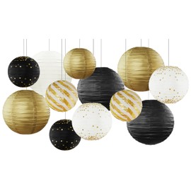 Black and Gold Hanging Paper Lanterns 12pcs Party Decorations for Graduation Anniversary Birthday Wedding Party New Years Decorations Round Chinese Lanterns