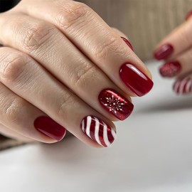 Christmas Press On Nails Short Square, 24pcs Christmas Striped Fake Nails, Red, White & Striped Nails with Snowflakes Designs Stick On Nails, Christmas Nail Accessories for Women Girls