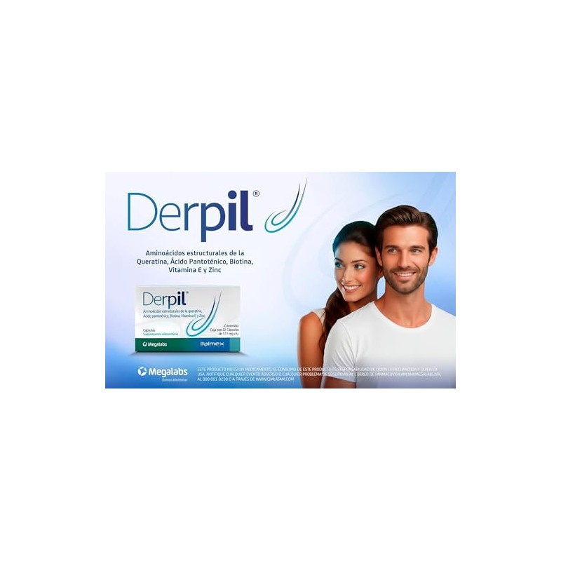 Derpil Suplemento Alimenticio Cabello Vitaminas Minerales Aminoácidos Estructurales Queratina Biotina