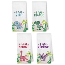VRW Kids Dinosaur Bathroom Decor Towels, I Am Kind Brave Smart Strong Inspirational Hand Dish Towel for Boys Kids Dinosaurs Bathroom Decor, Dinosaur Gifts for Boys, 16x24 Inches Set of 4