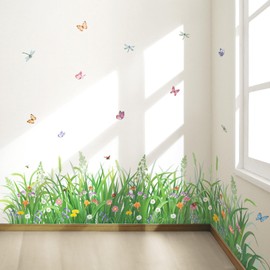 decalmile Green Plant Grass Flowers Wall Corner Stickers Butterflies Floral Baseboard Skirting Line Wall Decals Baby Nursery Living Room Bedroom Wall Décor
