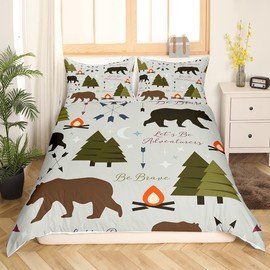 Happy Camping Duvet Cover Set Twin Size Hunt Bear Pine Trees Bedding Set for Kids Boys Men Adults Cabin Room Decor Campfire Arrow Cartoon Comforter Cover Wild Outdoor Adventure Quilt Cover 2pcs