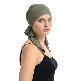 Bamboo Fitted Pre-Tied Bandana Hair Loss Chemo Headwear Tied with Elastic Band Sewing (Khaki)