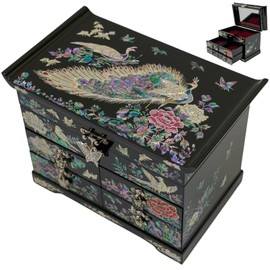 February Mountain Mother of Pearl Wooden Jewelry Organizer Box – Jewelry Storage Box for Women, Features Spacious Drawers, Ideal for Rings, Bracelets, Watches, Chains, Accessories (Peacock)