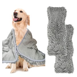 Patas Lague 2 Pack Luxury Absorbent Dog Towels, 35''x15'' Extra Large Microfiber Quick Drying Dog Shammy with Hand Pockets Pet Towel for Dog and Cat, Machine Washable (Grey*2)