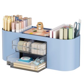 Marbrasse Desk Organiser with 3 Drawers,Multi-Functional Pen Holder,Desk Tidy and Accessories with 7 Compartments for Home,School,Classroom (Blue)
