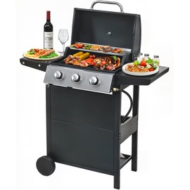 YIORTWO 3 Burner Propane Gas Grill, Stainless Steel BBQ Grill 30,000 BTU for Outdoor Cooking Kitchen, Garden and Patio Backyard Barbecue, Black and Silver