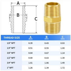 ChillWaves Brass Pipe Fitting, Hex Nipple 1/4" NPT Male x 1/4" NPT Male Thread Adapter(12-PACK)