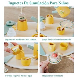 Juego de Té para Niñas,Juego de Té de 13 Piezas Tetera de Madera, Taza de Té y Posavasos,Regalos de Cumpleaños y Día del Niño Adecuados para Niñas de 