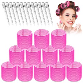Jumbo Hair Roller Set - 24 pieces, including 12 large rollers and 12 clips, for voluminous, long, and thick hair (Hot Pink)