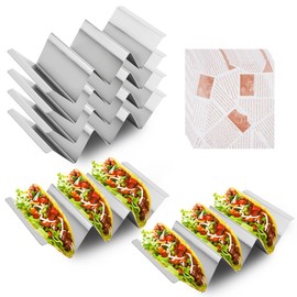 Taco Holder Set, Stainless Steel Taco Stand Holder, Ideal for up to 3 Tacos, Wave-shaped Tortilla Bowl, Mexican Dinnerware for Home and Restaurant with 50 Pieces Greaseproof Paper
