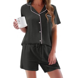 Ekouaer Pajamas Set for Women Short Sleeve Sleepwear Button Down Pjs Soft 2 Piece Lounge Sets Deep Flower Gray X-Large