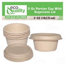 2 Oz Compostable Souffle Portion Cups with Fiber Lids - Condiment Paper Sample Cup with Lid Sugarcane Bagasse, Biodegradable Great For Sauces, Condiments, Slime, Jello Shot, Food Storage (400)