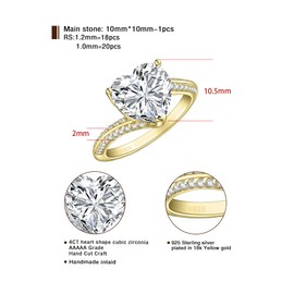 Elspeth 925 Sterling Silver Bypass Engagement Heart Ring for Women 4CT Heart Shape Cubic Zirconia Yellow Gold Wedding Promise Rings for Her Size 4