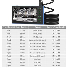 Triple Camera Endoscope with 7-inch IPS Color Screen Borescope with 8 LED Lights 1080P Photos Videos Snake Camera IP67 Waterproof 2 Million Pixels Inspection Camera with TF Card Slot