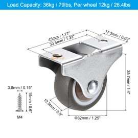 PATIKIL 1.25" Rigid Fixed Caster Wheels, 4 Pack Silent Plate Casters with M4 Screws Total Load Capacity 79 Lbs for Furniture Workbench Cart Trolley One Direction Rolling, Brown
