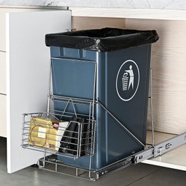 Tllios Pull Out Trash Can with Front Basket for Kitchen, Bathroom, Workbench - Holds 7-11 Gallon Trash Can (Trash Can Not Included)