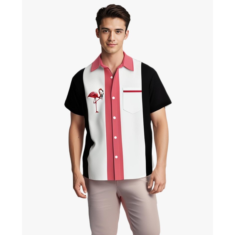 Flamingo Bowling Shirts for Men Print Short Sleeve Casual Button