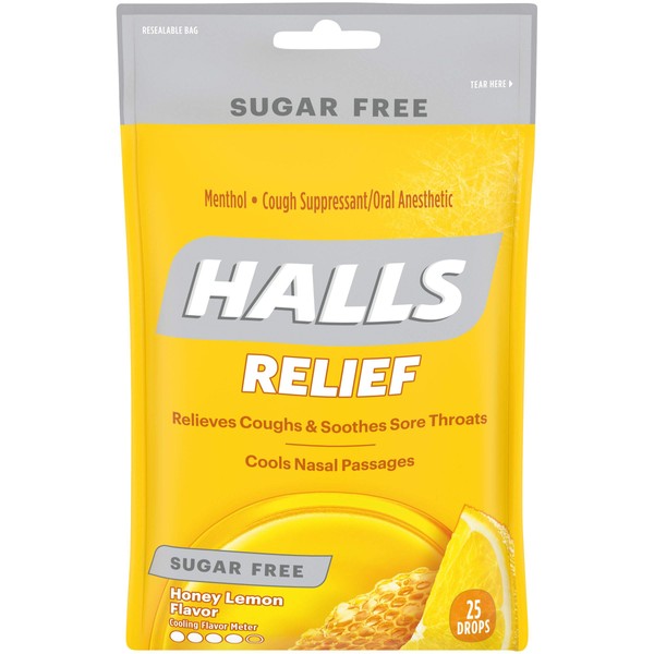 HALLS Relief Honey Lemon Sugar Free Cough Drops, 25 Drops