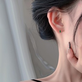 20G Square CZ 925 Sterling Silver Tiny Stud Earring Ball Screw Helix Back Tragus Simulated Emerald Clear Crystal Rectangle Sleeper Earring Cute Jewelry Gifts for Women Girls (Green CZ, Gold)