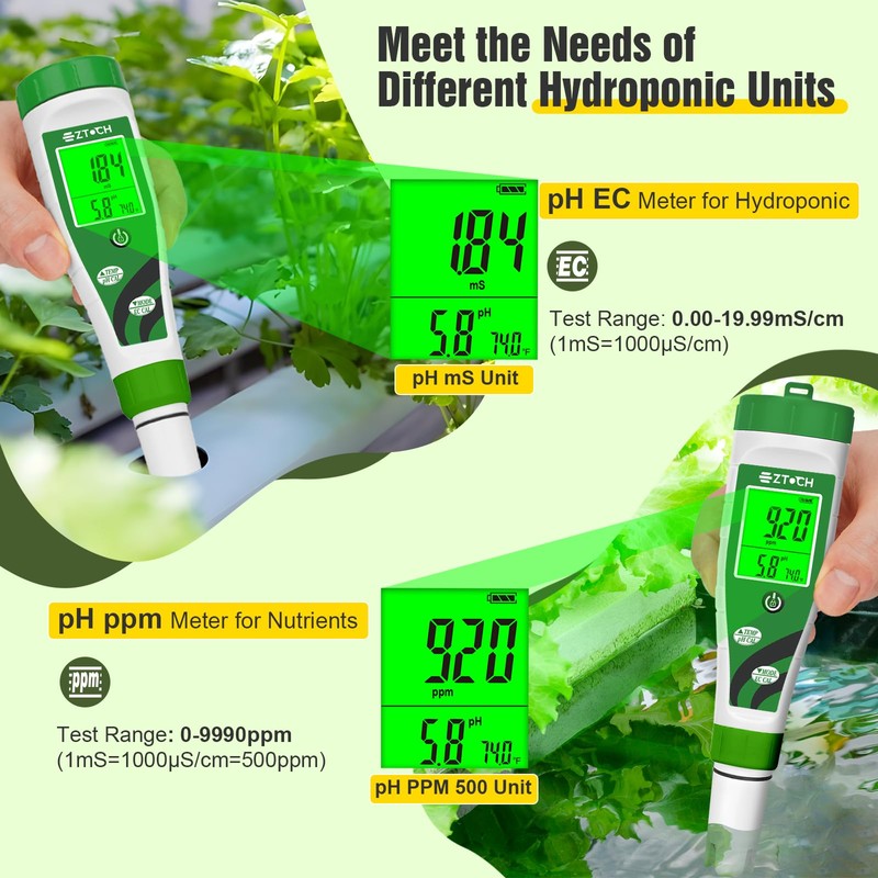 EZTOCH Hydroponic pH EC Meter, Water pH TDS PPM Meter
