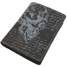 Genuine Buffalo Full Leather Wallet / Purse / Wallet / Purse in Portrait or Landscape Format with Skull Motif with RFID and NFC Protection in 3 Colours, Model 1 / Portrait / Grey, Classic