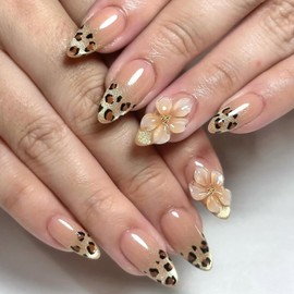 24Pcs Leopard French Tips Press on Nails Medium Almond Fake Nails with 5D Yellow Flower Designs Acrylic Nails Press ons Glitter Full Cover Reusable Glue on Nail Floral Artificial Nude Nail for Women