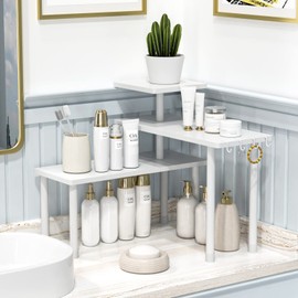 JayRex Bathroom Organizer Countertop Shelf, 3 Tier Corner Rack Adjustable Bamboo Organizer for Bathroom Counter, Make Up, Dresser Table, Desktop (White)