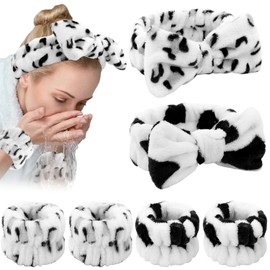 6 Pcs Spa Headband and Wristband Set, Multicolour Microfiber Fleece with Bow Design (Pattern, One Size)