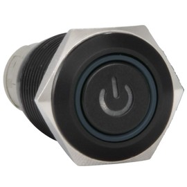 JacobsParts Latching Maintained Pushbutton ON/Off Switch Black Metal with Blue Power Symbol LED Suitable for 5/8" (16mm) Diameter Panel Cutout Hole
